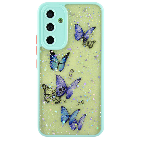 Etui do Samsung Galaxy A54 5G, Glitter butterflies, z ochroną aparatu, przezroczyste z niebieską ramką