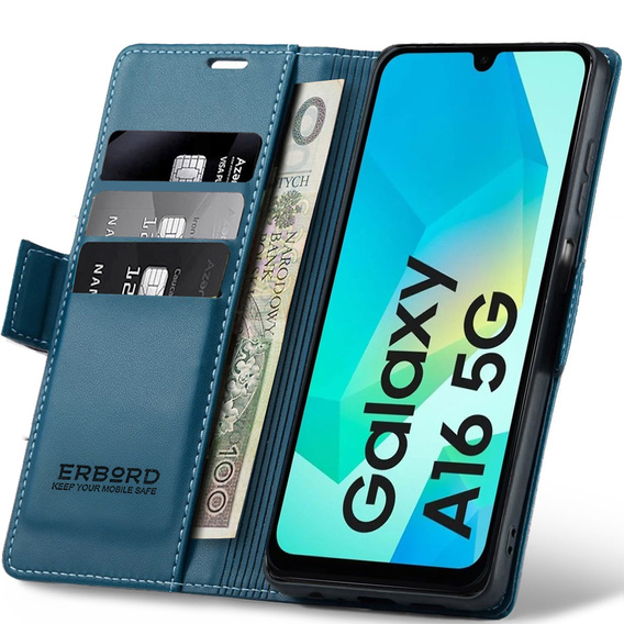 Etui do Samsung Galaxy A16, ERBORD Glossy Litchi, portfel z klapką, niebieskie