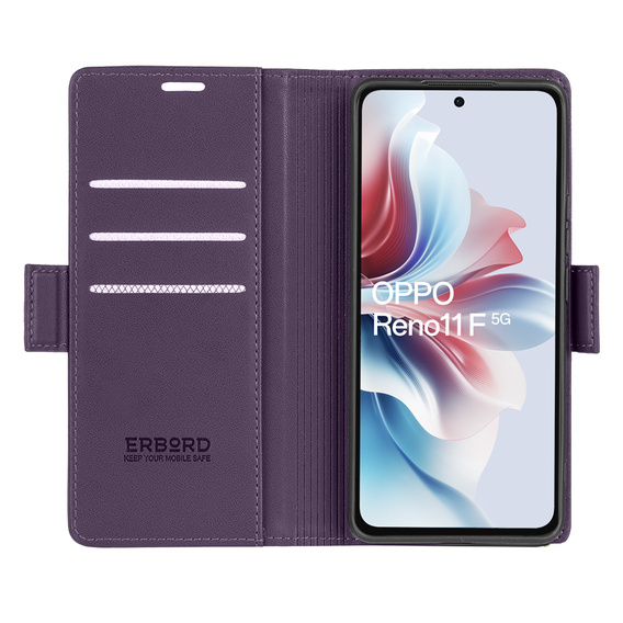 Etui do Oppo Reno 11F, ERBORD Glossy Litchi, portfel z klapką, fioletowe