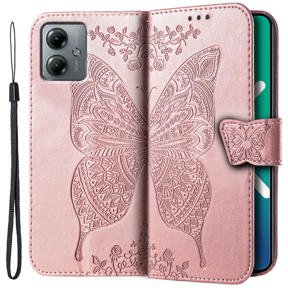 Etui z klapką do Motorola Moto G14, Butterfly, różowe rose gold