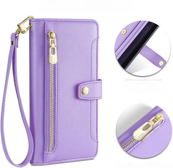 Etui z klapką do iPhone 16E, Wallet Zipper Pocket, fioletowe