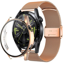 Bransoleta Milanese + Etui z osłoną na ekran do Huawei Watch GT 3 46mm, Różowe złoto