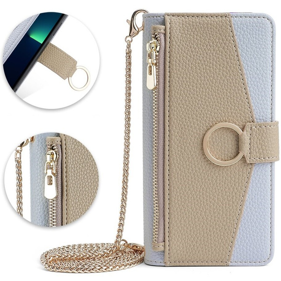 Etui z klapką do iPhone 15 Pro, Wallet Zipper Pocket, z lusterkiem, niebieskie