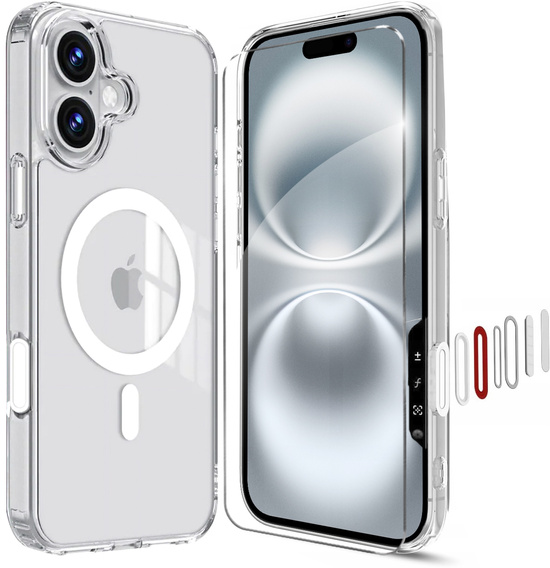 Etui ERBORD z MagSafe do iPhone 16, aktywny przycisk, przezroczyste + Szkło hartowane