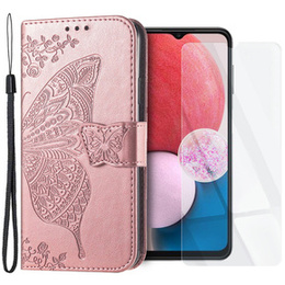 Zestaw Etui z klapką do Samsung Galaxy A13 4G, Motyl, Różowe rose gold + szkło