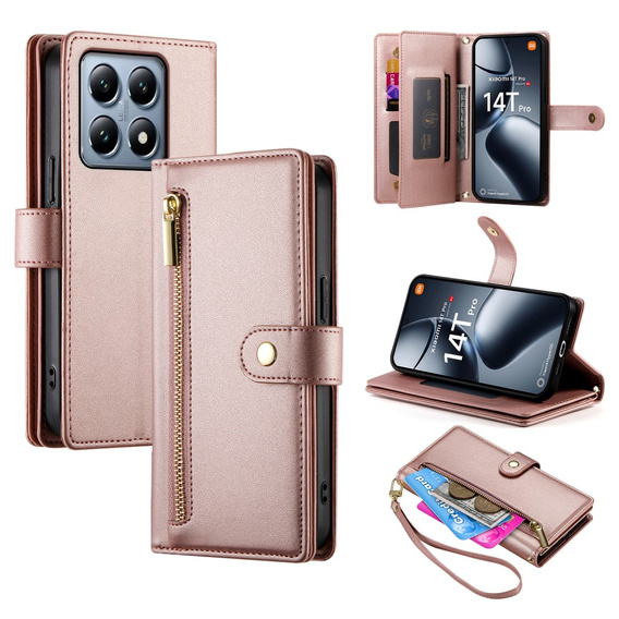 Etui z klapką do Xiaomi 14T Pro, Wallet Zipper Pocket, różowe