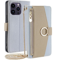 Etui z klapką do iPhone 15 Pro, Wallet Zipper Pocket, z lusterkiem, niebieskie