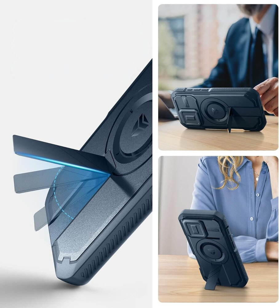 Etui Dexnor iPhone 16 Pro niebieskie – z podstawką aluminiową