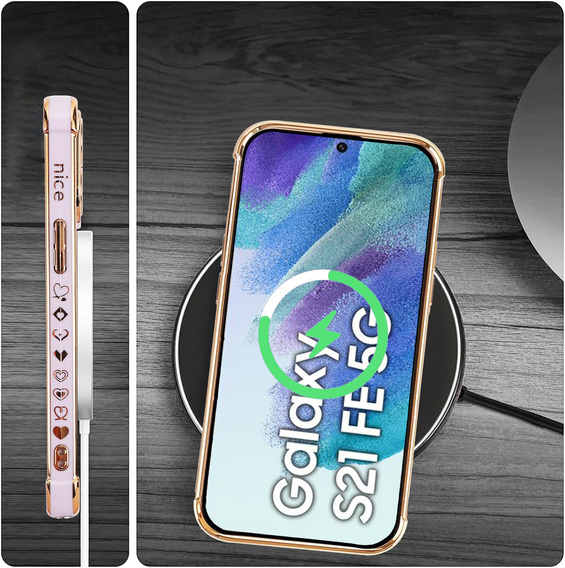 Etui do Samsung Galaxy S21 FE, Electro Heart MagSafe, fioletowe + Szkło na ekran + Smycz
