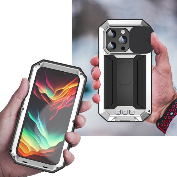 Etui do iPhone 15 Pro Max, R-JUST CamShield Slide, pancerne, srebrne / czarne