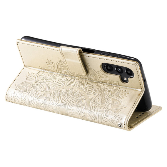 Etui z klapką do Samsung Galaxy A15, Mandala Flower, złote + szkło 9H