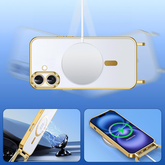 Etui do iPhone 16, Electro MagSafe, złote + Szkło na ekran + Smycz