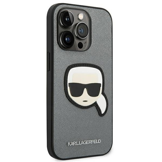 Etui Karl Lagerfeld do iPhone 14 Pro, Saffiano Karl's Head Patch, srebrne