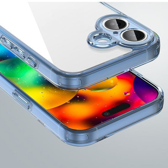Etui do iPhone 17, z ochroną aparatu, przezroczyste z niebieską ramką