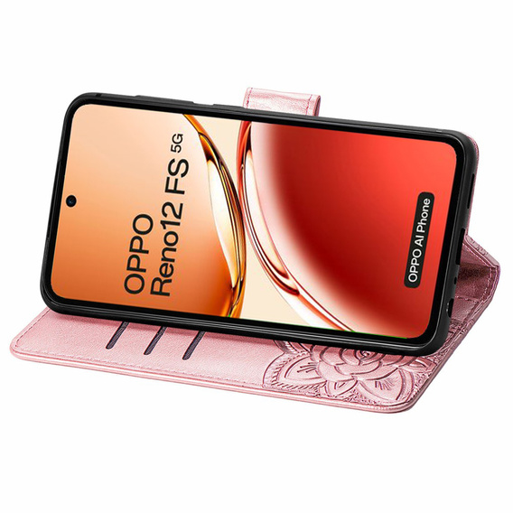 Etui z klapką do Oppo Reno 12FS / 12F, Butterfly, różowe rose gold