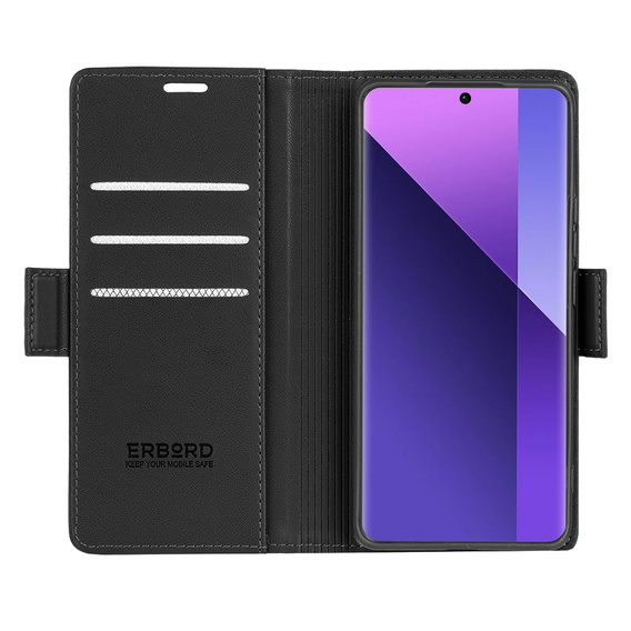 Etui do Xiaomi Redmi Note 13 Pro+, ERBORD Glossy Litchi, portfel z klapką, czarne