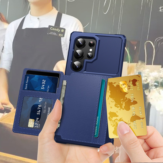 Etui do Samsung Galaxy S25 Ultra z kieszenią na karty, zapięciem na napę– niebieskie