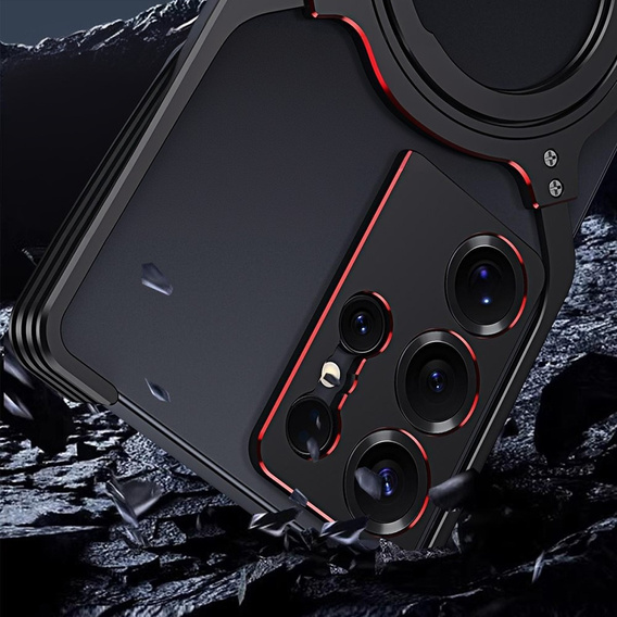 Etui do Samsung Galaxy S25 Ultra, Kickstand Bumper, z osłoną obiektywu, do MagSafe, czarne / czerwone