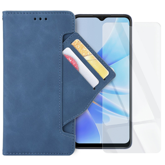 Zestaw Etui z klapką do Oppo A17, Card Slot, Niebieskie + Szkło 9H