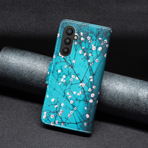 Etui z klapką do Samsung Galaxy A25 5G, Wallet, Sakura, niebieskie + szkło 9H