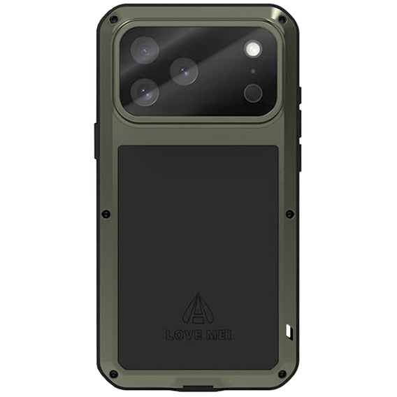 Etui Love Mei do iPhone 17 Pro, pancerne ze szkłem, zielone