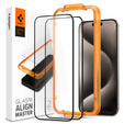 Szkło Hartowane z ramką do montażu SPIGEN Alm Glass FC do iPhone 15 Pro Max, Czarne (2 sztuki)