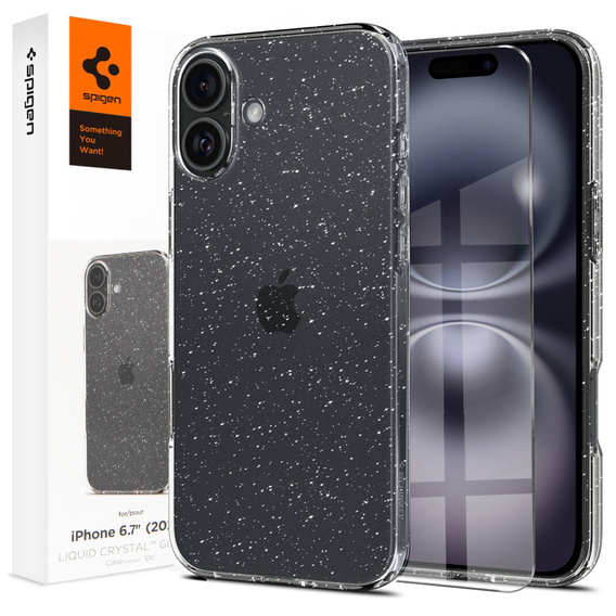 Etui Spigen do iPhone 16 Plus, Liquid Crystal, przezroczyste / brokatowe + Szkło Hartowane 9H