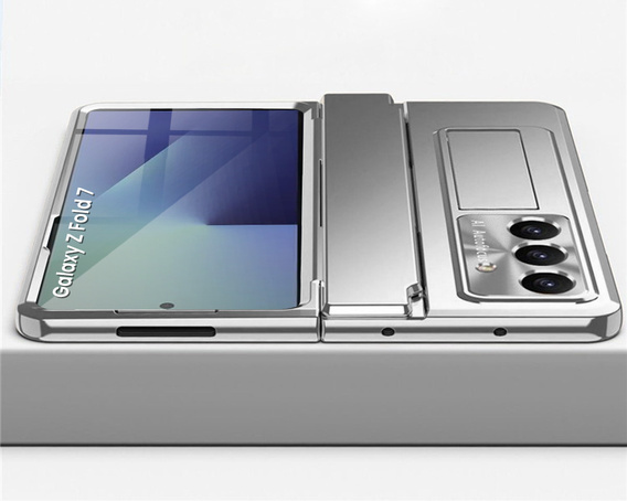 Etui z podstawką do Samsung Galaxy Z Fold7 5G, z ochroną zawiasu, szkłem i rysikiem - srebrne