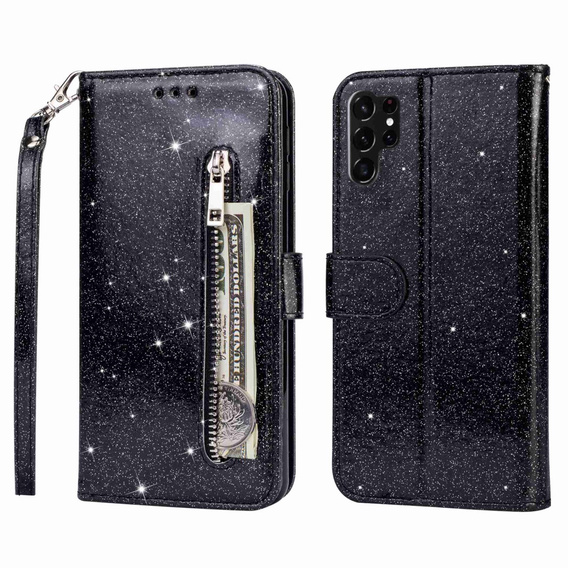 Etui z klapką do Samsung Galaxy S24 Ultra, Wallet Zipper Pocket Glittery, czarne