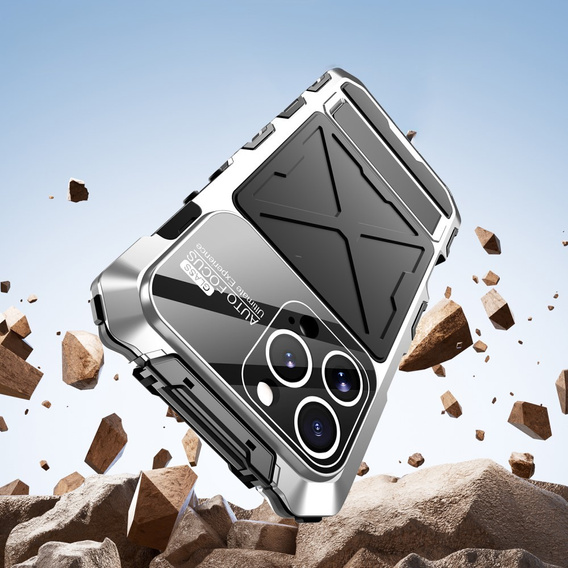 Etui R-Just RJ09-1 do iPhone 16 Pro – srebrne, aluminiowe, z silikonową ramką i szkłem hartowanym