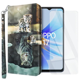 Zestaw Etui z klapką do Oppo A17, portfel, Kot i tygrys + Szkło 9H