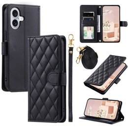 Etui z klapką do iPhone 16 Plus, Rhombus Crossbody Leather, czarne