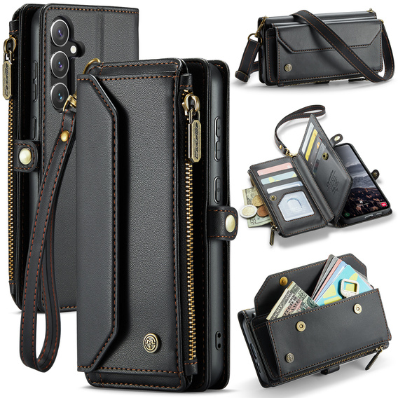 Etui CASEME do Samsung Galaxy S25 FE, RFID Leather Wallet, z paskiem na ramię, czarne