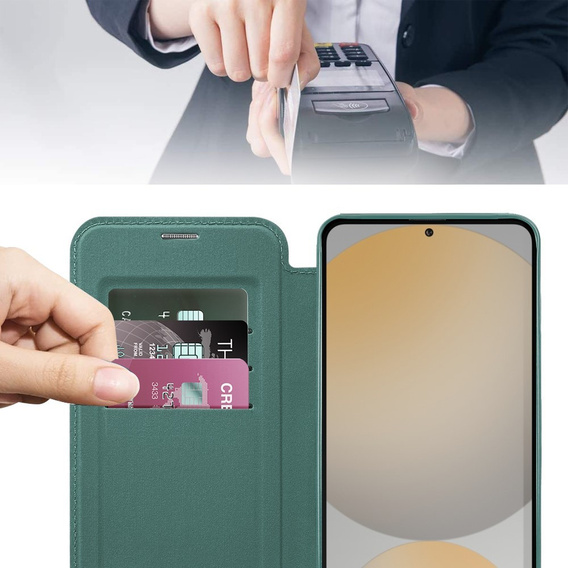 Etui z klapką do Samsung Galaxy S24 FE, RFID Wallet MagSafe z ochroną aparatu, zielone