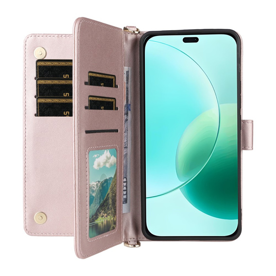 Etui portfelowe do Honor 400 Lite – pudrowy róż, z paskiem na ramię i nadgarstek, funkcją podstawki
