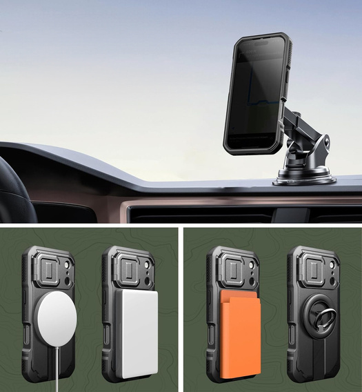 Etui Dexnor do iPhone 17 Pro Max z osłoną kamery i podstawką, do MagSafe - czarne (Dwie ramki)