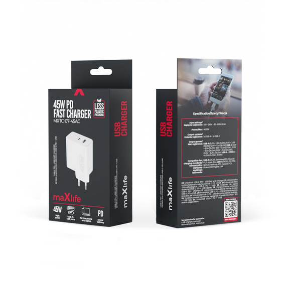 Maxlife 45W Szybka Ładowarka Sieciowa USB-C + USB-A 3A PD QC 4.0, biała