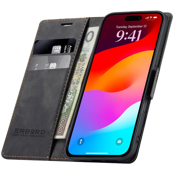 Etui do iPhone 17 Pro Max, ERBORD Vintage portfel z klapką, czarne