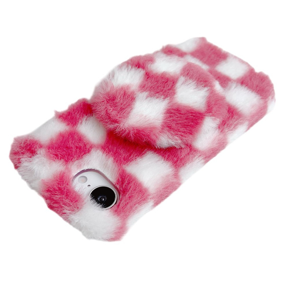 Etui do iPhone 16e, Fluffy Checkered Case, z lusterkiem, różowe