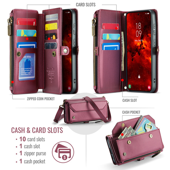 Etui CASEME do Samsung Galaxy S25 FE, RFID Leather Wallet, z paskiem na ramię, czerwone