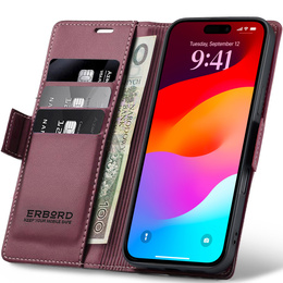 Etui do iPhone 17 Pro, ERBORD Glossy Litchi, portfel z klapką, czerwone