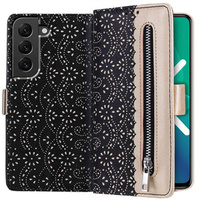 Etui z klapką do Samsung Galaxy S22+ Plus 5G, Wallet Pocket Zipper Lace, czarne