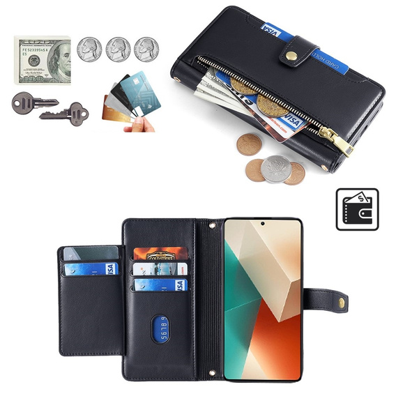 Etui z klapką do Xiaomi Redmi Note 13 5G, Wallet Zipper Pocket, czarne