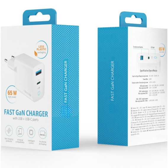 Zestaw Ładowarka Sieciowa 65W GaN 1x USB-C 1x USB-A + Kabel USB-C 1M