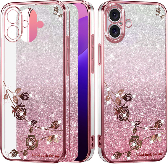 Etui do iPhone 16 Plus, Glitter Flower, różowe rose gold