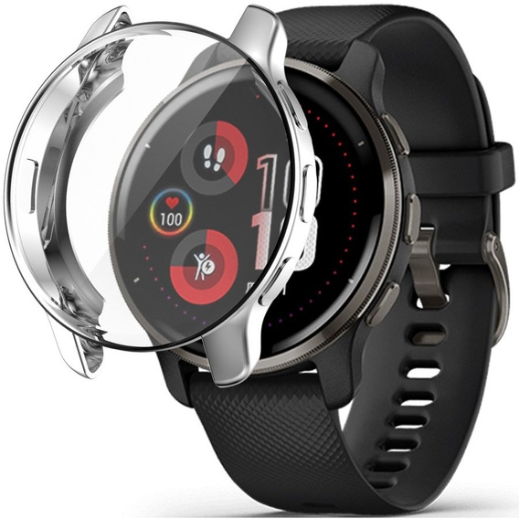 2w1 Etui z Osłoną Silikonową na ekran do Garmin Venu 2 Plus, Srebrne