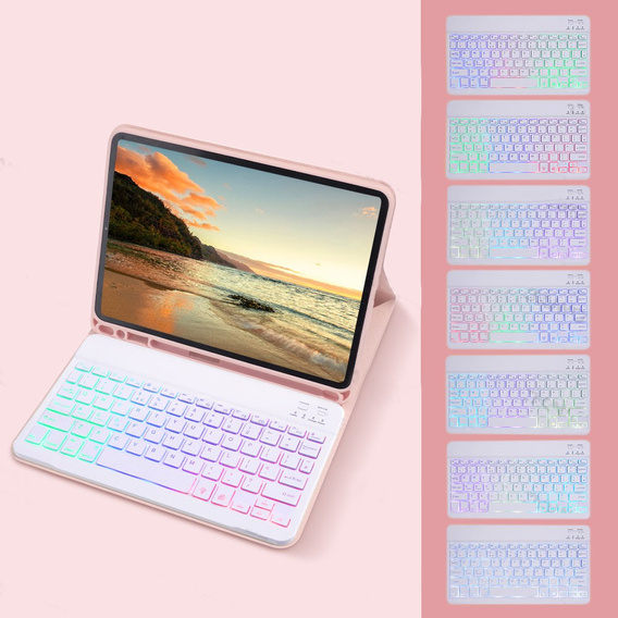 Etui z podświetlaną klawiaturą bluetooth do iPad 11" 2025 A16 (11 gen.) / iPad 10.9" 2022 (10 gen.), różowe