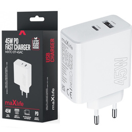 Maxlife 45W Szybka Ładowarka Sieciowa USB-C + USB-A 3A PD QC 4.0, biała