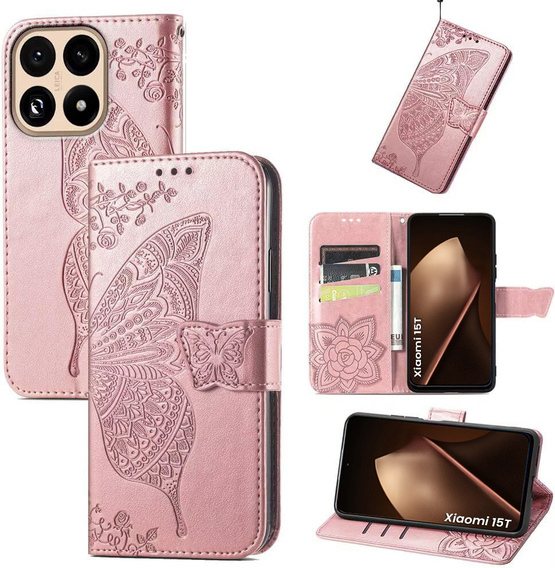 Etui z klapką do Xiaomi 15T, Butterfly, różowe rose gold