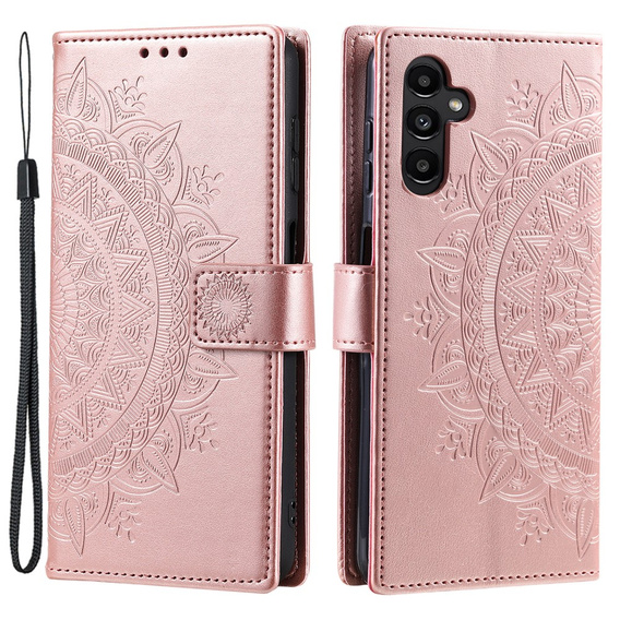 Etui z klapką do Samsung Galaxy A15, Mandala Flower, różowe rose gold + szkło 9H